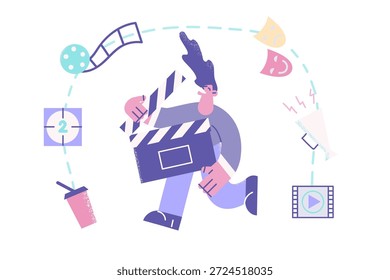 Hombre joven sonriente con clapperboard que hace la película de grabación de la película. Clapper o asistente de equipo de cámara involucrado en el proceso de realización de películas. Producción de vídeo, industria del entretenimiento. Ilustración vectorial.
