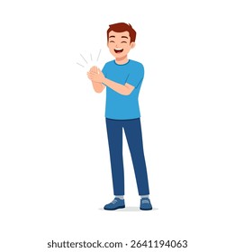Smiling Young Man Clapping Hands in Blue T-Shirt and Pants with Happy Expression Illustration