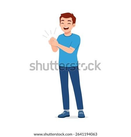 Smiling Young Man Clapping Hands in Blue T-Shirt and Pants with Happy Expression Illustration