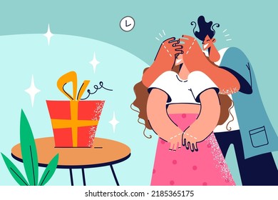 Smiling young man close female lover eyes make surprise. Loving male give present or gift to woman on birthday or special occasion. Vector illustration. 