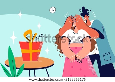 Smiling young man close female lover eyes make surprise. Loving male give present or gift to woman on birthday or special occasion. Vector illustration. 