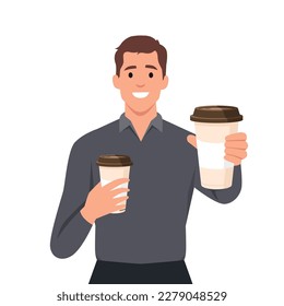 Smiling young man with coffee cups in cup offer drink to friend. Happy guy stretch hand with takeaway warm drink to camera. Flat vector illustration isolated on white background