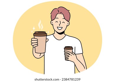 Smiling young man with coffee cups in cup offer drink to friend. Happy guy stretch hand with takeaway warm drink to camera. Vector illustration.