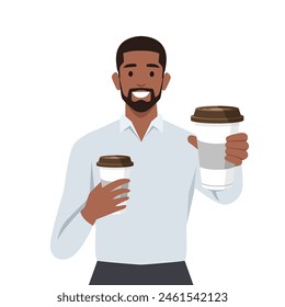 Smiling young man with coffee cups in cup offer drink to friend. Flat vector illustration isolated on white background
