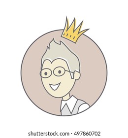 Smiling young man with crown on his head avatar icon. King icon. Prince icon. Social networks business private users avatar pictogram. Round line icon. Isolated illustration on white background.