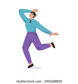 Joven sonriente bailando aislado de fondo blanco. Hombre feliz divirtiéndose en la fiesta de discoteca o en el festival de música. Entrenamiento de bailarina masculina en el estudio. Ilustración vectorial de hobby o profesión