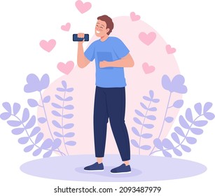 Smiling young man dancing with phone 2D vector isolated illustration. Carefree guy celebrates relationship beginning flat character on cartoon background. Having success on dating site colourful scene