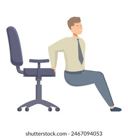 Lächelnder junger Mann, der eine Beindehnung mit einem Bürostuhl zum Support macht