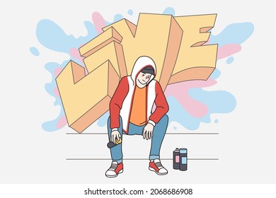 Smiling Young Man Drawing Painting Graffiti With Spray Paint On Street. Millennial Generation Z Guy Hipster Make Outdoor Art. Hobby, Artistic, Subculture Concept. Flat Vector Illustration. 