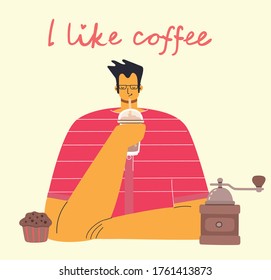 Smiling young man drinking coffee. Coffee time, break and relaxation vector concept cards. Vector illustration in modern design style