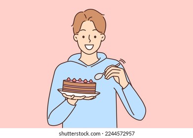 Smiling young man eating cake with spoon. Happy male enjoy chocolate dessert. Nutrition and diet. Vector illustration. 