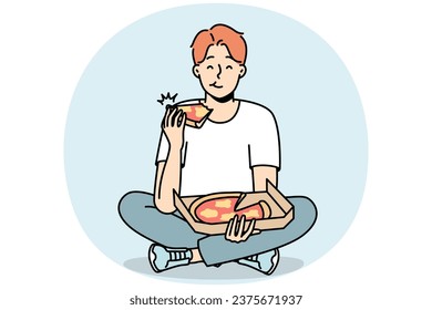 Smiling young man eating delicious pizza. Happy guy enjoy tasty Italian food sitting on floor. Nutrition and takeaway delivery. Vector illustration.