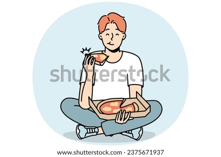 Smiling young man eating delicious pizza. Happy guy enjoy tasty Italian food sitting on floor. Nutrition and takeaway delivery. Vector illustration.