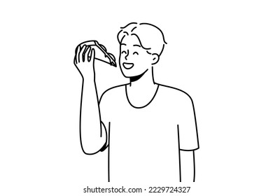Smiling young man eating slice of pizza. Happy guy enjoy delicious Italian fast food. Cuisine concept. Vector illustration. 