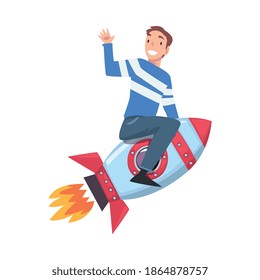 Smiling Young Man Flying on Space Rocket and Waving his Hand, Leadership, Achievement, Competition, Success Concept Cartoon Style Vector Illustration