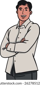 Smiling Young Man with Folded Arms - Flat Vector Character Illustration