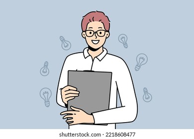 Smiling young man with folder in hands generate creative business ideas. Happy motivated guy in glasses holding paperwork document. Business and creativity. Vector illustration. 