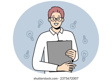 Smiling young man with folder in hands generate creative business ideas. Happy motivated guy in glasses holding paperwork document. Business and creativity. Vector illustration.