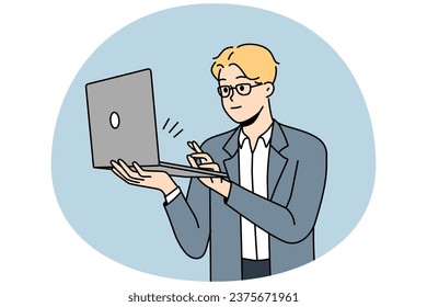 Smiling young man in formal wear working on laptop. Happy businessman busy online on computer. Vector illustration.