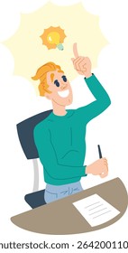Smiling young man found a solution. Illustration of a young man solving problems at his desk. School days.