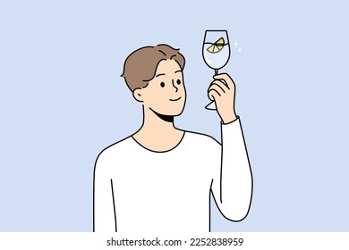 Smiling young man with glass of water recommend healthy lifestyle. Happy guy feel thirsty hold in hands aqua with lemon for hydration. Vector illustration. 