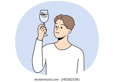 Un joven sonriente con un vaso de agua recomienda un estilo de vida saludable. Un tipo feliz se siente sediento agarrando las manos con agua con limón para hidratación. Ilustración vectorial.