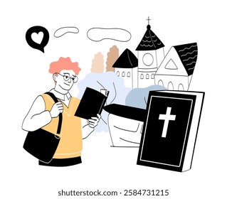 Smiling young man with glasses reading a book, carrying a bag, with a church in the background. Religious study and faith concept