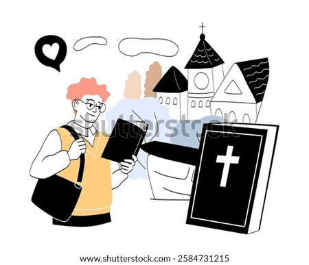 Smiling young man with glasses reading a book, carrying a bag, with a church in the background. Religious study and faith concept