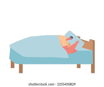 Smiling Young Man in Glasses Sleeping on Bed. Rest after Work. Satisfied Businessman Character Resting after Successful Day Isolated on White Background. Cartoon People Vector Illustration