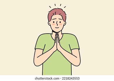 Smiling young man with hands in prayer ask for forgiveness. Male join hands feel grateful or thankful. Gratitude concept. Vector illustration. 