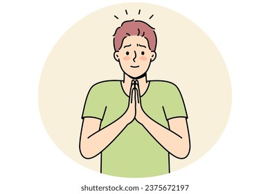 Smiling young man with hands in prayer ask for forgiveness. Male join hands feel grateful or thankful. Gratitude concept. Vector illustration.