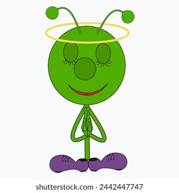 Smiling young man with hands in prayer ask for forgiveness. Male join hands feel grateful or thankful. Gratitude concept. Vector illustration.