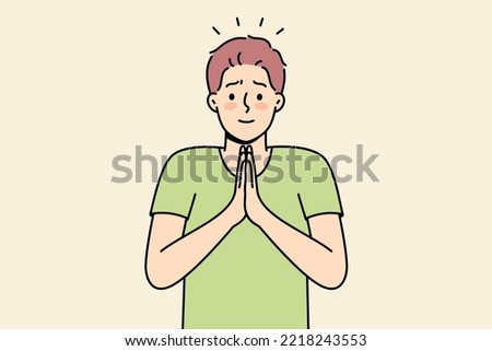 Smiling young man with hands in prayer ask for forgiveness. Male join hands feel grateful or thankful. Gratitude concept. Vector illustration. 