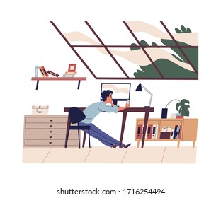 Smiling young man has a work break. Freelancer sitting at desk with smartphone and surfing internet, chatting in social network. Home office. Vector illustration in flat cartoon style