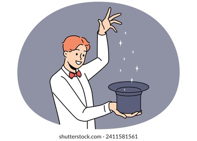 Smiling young man with hat showing trick for audience. Happy male magician or illusionist entertain people with focuses. Vector illustration.