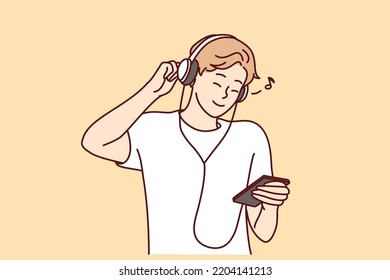 Smiling young man in headphones listen to music on cellphone. Happy millennial guy in earphones enjoy good quality sound on smartphone. Vector illustration.