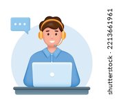 Smiling Young man with headphones, microphone and laptop. Customer service, support or call center concept. 3d Realistic cartoon vector illustration.