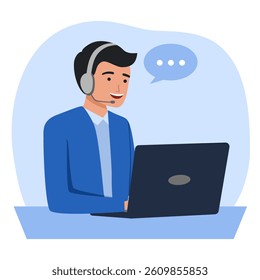Smiling Young man with headphones, microphone and laptop. Customer service, support or call center concept. cartoon vector illustration.