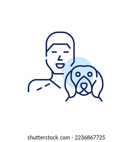 Smiling young man and his beagle dog. Pet lover icon. Pixel perfect, editable stroke line