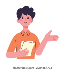 Smiling young man hold paper icon isolated