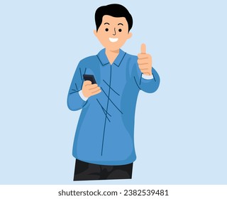 smiling young man hold smartphone and showing thumbs up gesture