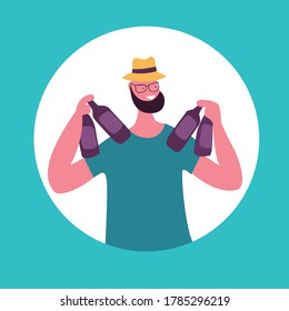 Smiling young man holding the beer bottles. Vector illustration in flat style