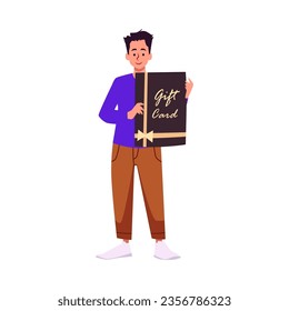 Smiling young man holding big gift card with gold ribbon and bow flat style, vector illustration isolated on white background. Decorative design element, emotional character, celebration