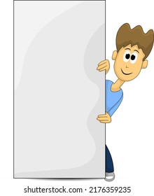 Smiling young man is holding a blank poster Placard for advertising Vector illustration