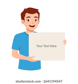 Smiling young man holding a blank sign with sample text in a bright studio cartoon illustration
