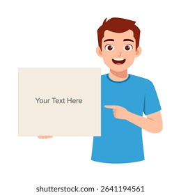 Smiling Young Man Holding a Blank Sign and Pointing with Happiness in Illustration
