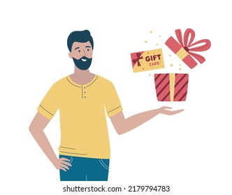 Joven sonriente sosteniendo una caja con tarjeta de regalo. Concepto de cupón de regalo o certificado. Ilustración del vector