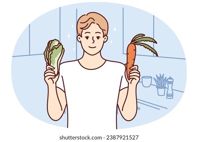 Smiling young man holding fresh organic vegetable follow diet. Happy guy choose natural products cooking in kitchen. Vegetarian concept. Vector illustration.