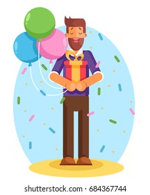 Smiling young man holding gift box with large ribbon as a present. Modern flat style vector illustration