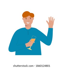 Smiling young man holding glass with champagne and waving hand for greeting. Happy guy celebrating birthday, Christmas, New Year. Vector flat illustration.